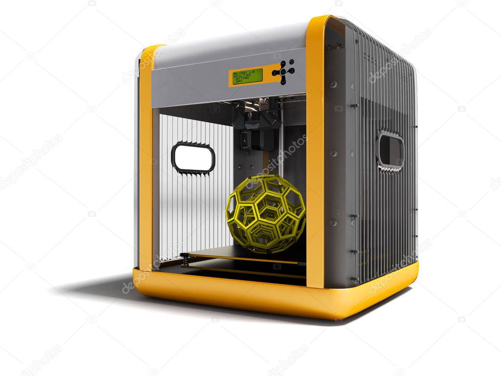 Modern gray 3d printer with orange geometric figure inside for home use 3d render on white background with shadow