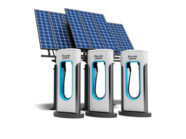 Kavram yeşil elektro dolum güneş panelleri 3d render gölge beyaz zemin üzerine ile