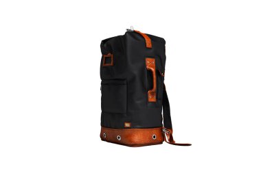 Dağlar 3d render gölge yok beyaz arka plan üzerinde seyahat için Modern siyah deri sırt çantası