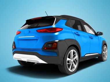 Modern mavi araba crossover geri uzun yolculuklar için gölge ile mavi arka plan üzerinde 3d render görüntülemek