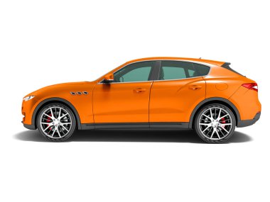 Modern turuncu araba crossover iş gezileri yan görünümü 3d render gölge beyaz zemin üzerine