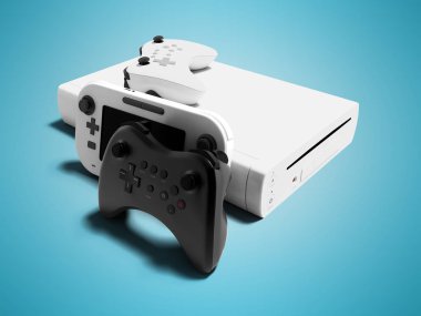 Modern beyaz oyun çubukları video oyun konsolu ve taşınabilir oyun konsolu değil ile 3d render gölge ile mavi arka plan görüntüleyin