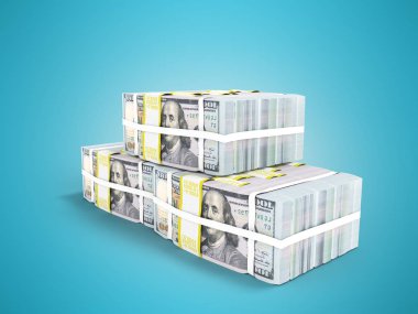 Piramit 3d render gölge ile mavi arka plan üzerinde yüz doları kambiyo üç paketleri
