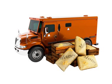 Modern turuncu Zırhlı kamyon çanta 3d render beyaz arka plan üzerinde de para taşıma için gölge yok