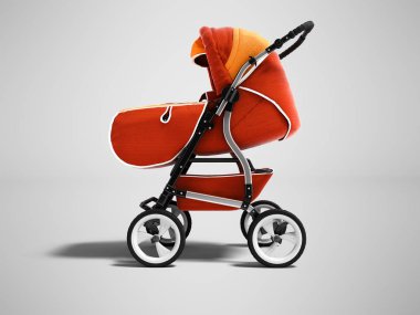Modern turuncu bebek arabası için çocuk sonbahar için 3d render gölge ile gri arka plan üzerinde yürür