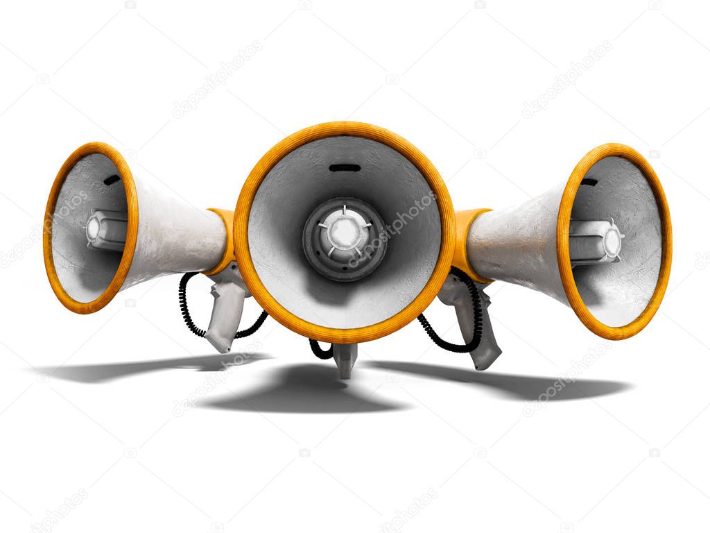 Group of speaker speakers white with yellow accents 3D render on white background with shadow