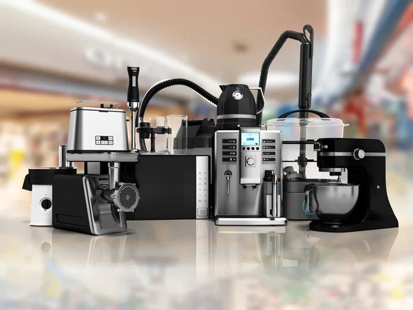 Household appliances Group of vacuum cleaners microwave coffee maker steam kettle toaster meat grinder juicer blender toaster steamer sale 3d render on background supermarket with shadow