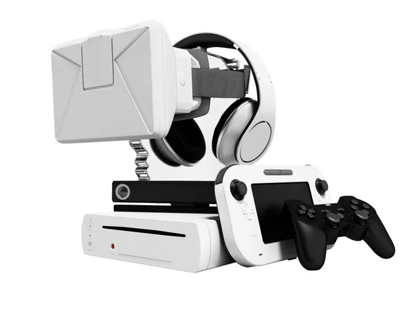Set of game consoles portable console camera for playing with headphones and virtual reality glasses on stand 3d render on white background no shadow