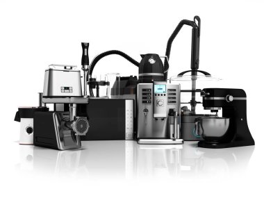 Ev aletleri grubu vakum makineleri kahve makinesi buhar su ısıtıcısı ekmek kızartma makinesi et kıyma makinesi meyve sıkacağı blender ekmek kızartma makinesi gemi satış 3d render gölge beyaz zemin üzerine mikrodalga