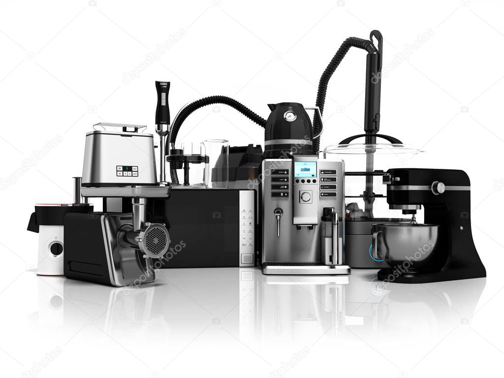 Household appliances Group of vacuum cleaners microwave coffee maker steam kettle toaster meat grinder juicer blender toaster steamer sale 3d render on white background with shadow