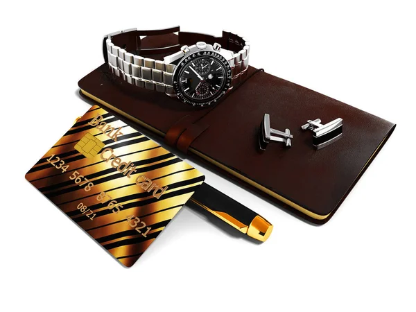 Set Business Gemelli Taccuino Orologi Polso Penna Sfera Carta Credito — Foto Stock