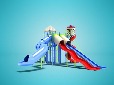 3d render gölge ile mavi arka plan ile kapalı slaytlar ve çift çocuklar için oyun alanı slaytlar