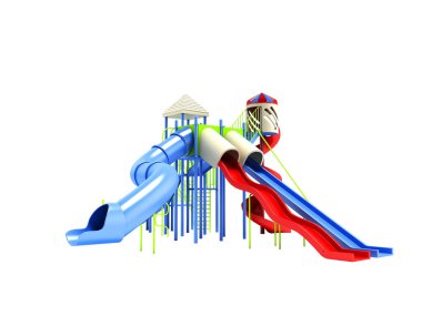 Kapalı slaytlar ve çift ile çocuklar için oyun alanı 3d render gölge yok beyaz arka plan üzerinde slaytlar