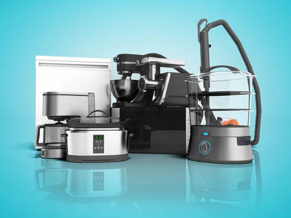 Household appliances Group of vacuum cleaners microwave coffee maker meat grinder steam machine refrigerator sale 3d render on blue background with shadow