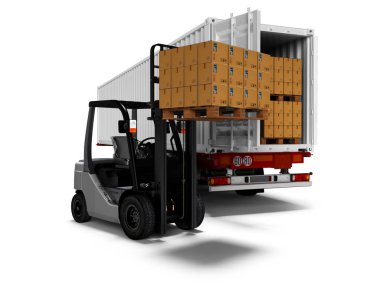 Beyaz römork 3d render gölge beyaz zemin üzerine forklift ile paletler üzerinde malların modern yükleme
