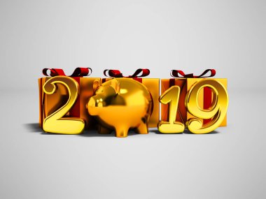 Yeni yıl 2019 altın domuz gölgeli gri arka plan üzerinde üç altın hediye 3d render ile