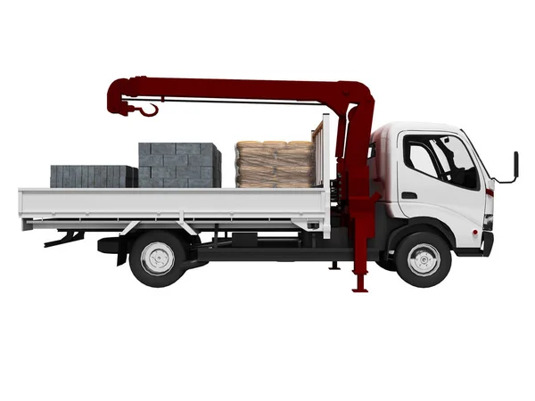 Vervoer Van Materiële Witte Flatbed Truck Met Kraan Render Voortbouwend — Stockfoto