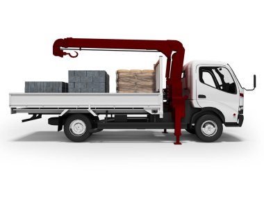 Malzeme Beyaz flatbed kamyon vinç 3d render ile gölge beyaz zemin üzerine bina Ulaştırma