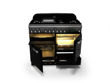 Elektrikli fırın izole 3d render gölge beyaz zemin üzerine açık kapı ile birlikte Soba gaz