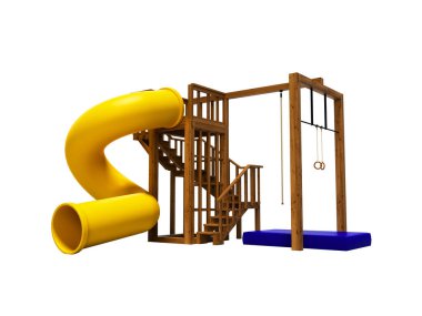 Çocuklar için spor oyunları 3d render ahşap ip için sarmal slaytta beyaz arka plan gölge yok