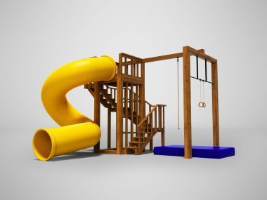 Çocuklar için spor oyunları 3d render ahşap ip için sarmal slaytta gölgeli gri arka plan