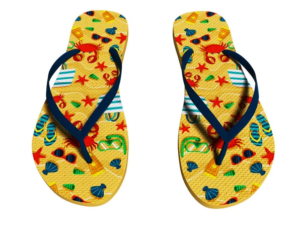 Summer Slippers Beach Pattern Sea Animals Top View Render White — Stock Photo, Image