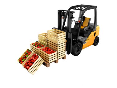 Sarı yok gölge beyaz zemin üzerine kırmızı elma 3d render dolu kutuları ile forklift