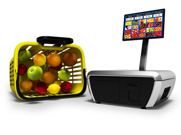 Registratore Cassa Pesare Frutta Supermercato Con Cestino Rendering Fondo Bianco — Foto Stock