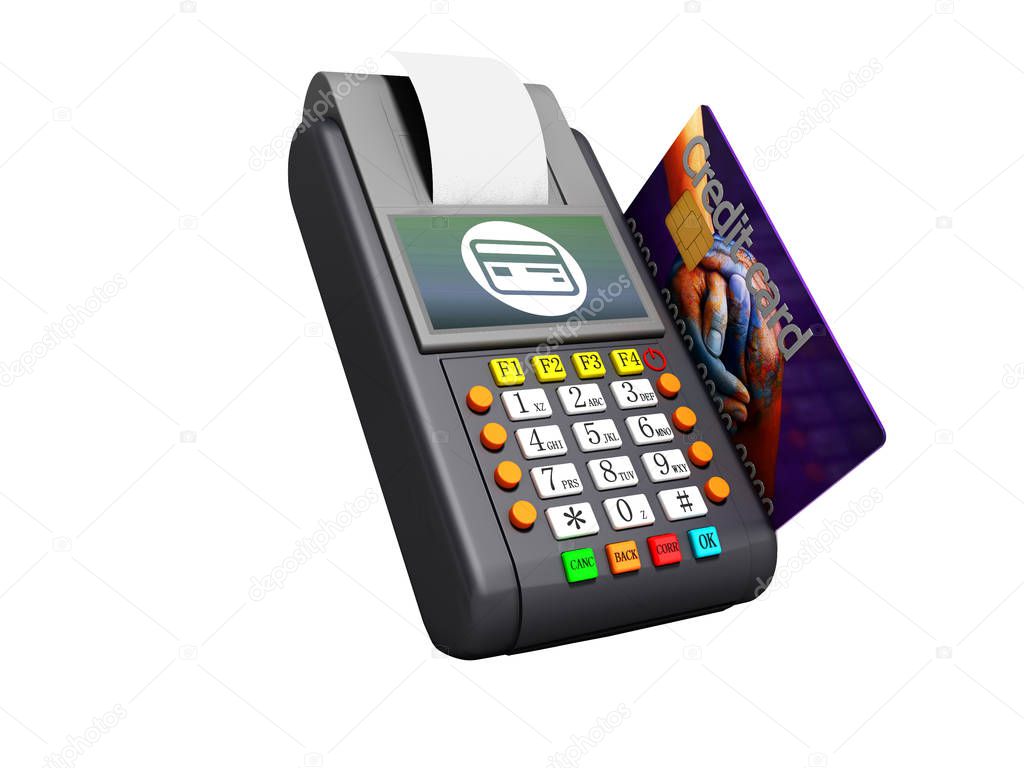 Payment of goods by the terminal with credit card 3d render on white background no shadow