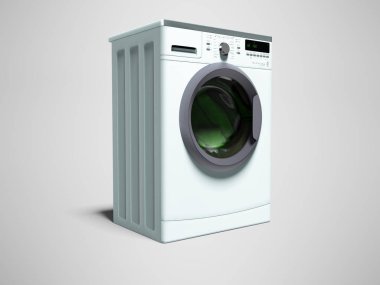Mavi çamaşır makinesi aile için çamaşır için 3d render gölge ile gri arka plan üzerinde