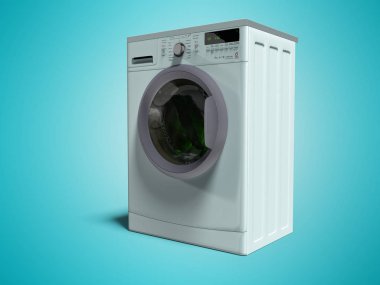 Mavi çamaşır makinesi su 3d render şeyler gölge ile mavi arka plan üzerinde durulama otomatik