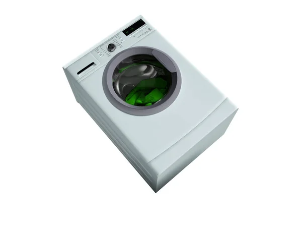 浅蓝色洗衣机包括洗绿色毛巾3D 渲染在白色背景上没有阴影 — 图库照片