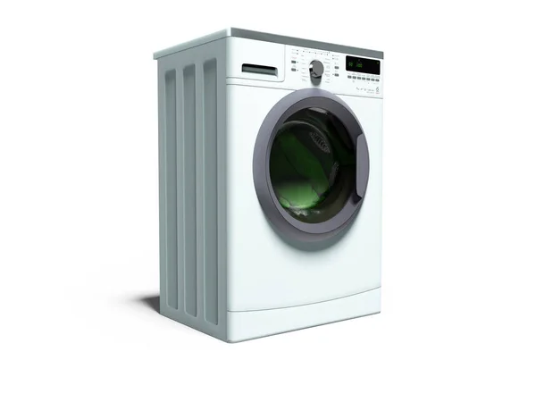 蓝色洗衣机为家庭洗涤衣服3D 渲染白色背景与阴影 — 图库照片