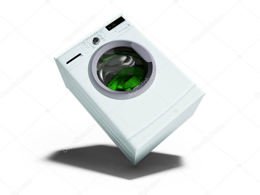 Light blue washing machine included washes green towels 3d render on white background with shadow