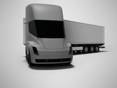 Farklı ülkelere mal taşımak için gri römork ile Gri elektrikli traktör gölge ile gri arka plan üzerinde 3d render