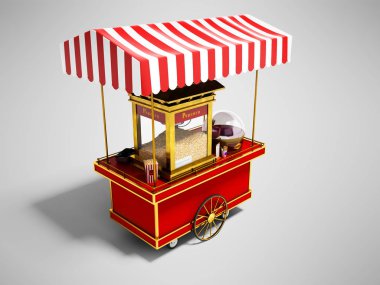 Satış ve patlamış mısır üzerinde tekerlekler 3d render gölge ile gri arka plan üzerinde kırmızı çadırda oluşturulması