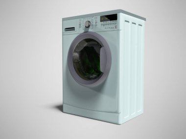Mavi çamaşır makinesi otomatik su da şeyler durulama 3d gölge ile gri arka plan üzerinde render
