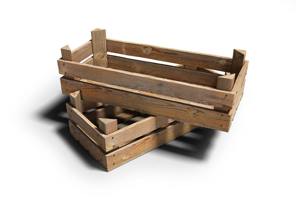 Деревянные ящики для перевозки и хранения продуктов 3D рендеринга на белом фоне с тенью
