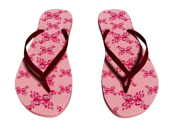 Roze Strand Slippers Voor Meisje Met Rode Bloemen Renderen Witte — Stockfoto