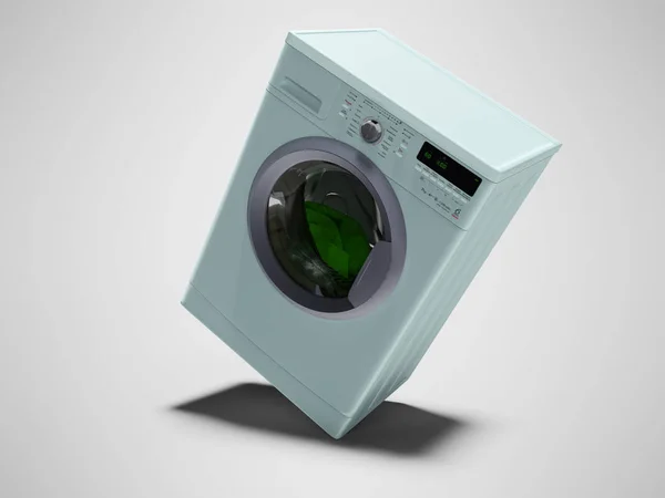 蓝色洗衣机正在用阴影在灰色背景上清洗衣服3D — 图库照片