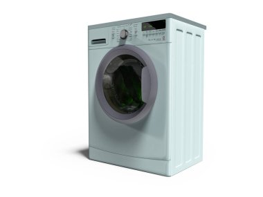 Mavi çamaşır makinesi su 3d render şeyler gölge beyaz zemin üzerine durulama otomatik
