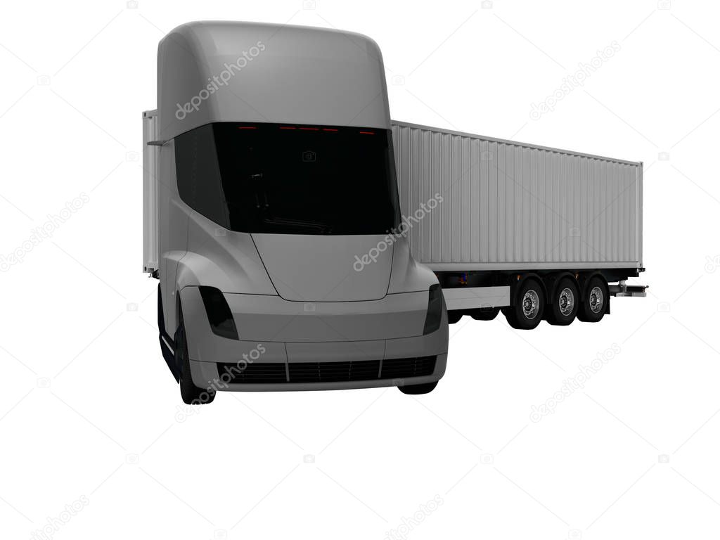 Gray electric tractor with gray trailer for moving goods to different countries 3d render on white background no shadow