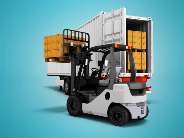 Unloading goods from trailer with forklift 3d render on blue background with shadow