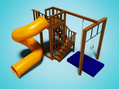 Ağaç gölgeli mavi arka plan üzerinde çocuk 3d render için turuncu bir kaydıraklı oyun alanında