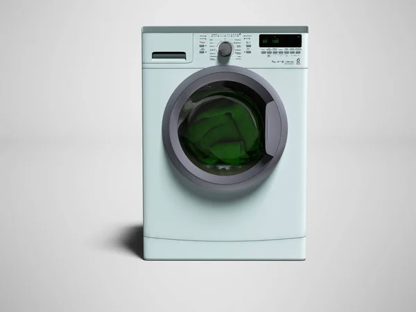 Blauwe Wasmachine Met Kleren Wassen Kleren Render Grijze Achtergrond Met — Stockfoto