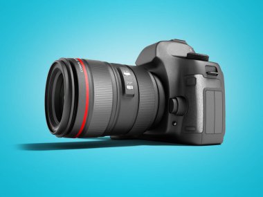 Seyahat fotoğraf 3d render gölge ile mavi arka plan üzerinde siyah deri ekler ile profesyonel kamera