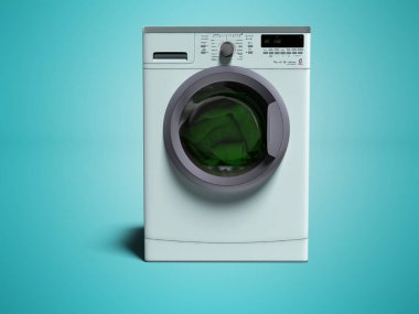 Gölge ile mavi arka plan üzerinde elbise 3d render yıkama giysileri ile mavi çamaşır makinesi