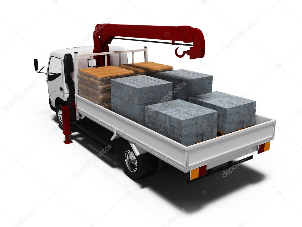 Small white truck with transportation of building materials 3d render on white background with shadow