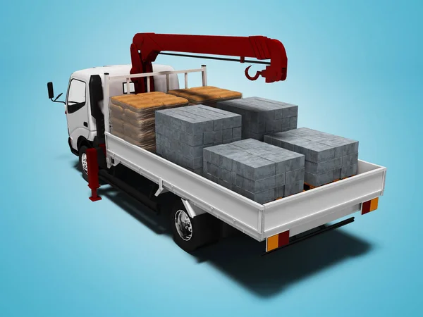 Liten Vit Lastbil Med Transport Byggnad Material Render Blå Bakgrund — Stockfoto