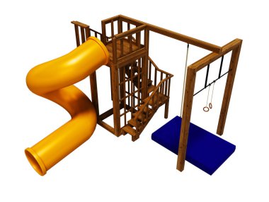 Bahçesi ile bir portakal ağacı ile slayt çocuk 3d render için beyaz zemin üzerine gölge yok